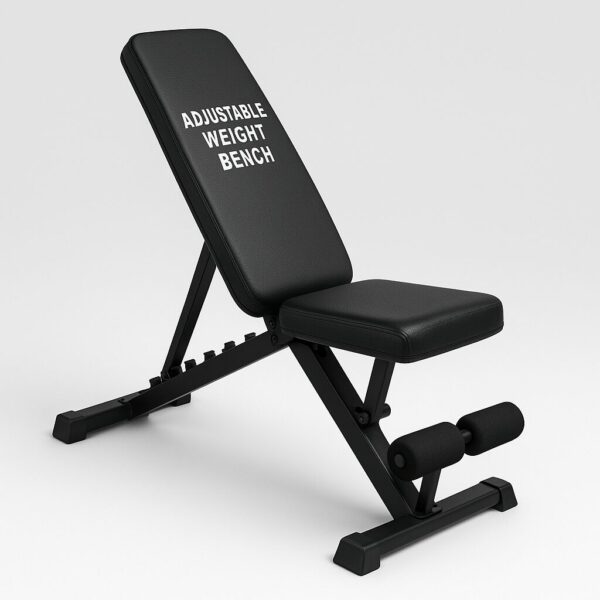 Adjustable weight bench for home workouts, featuring a black padded seat and backrest, steel frame, foam leg rollers, and foldable design.