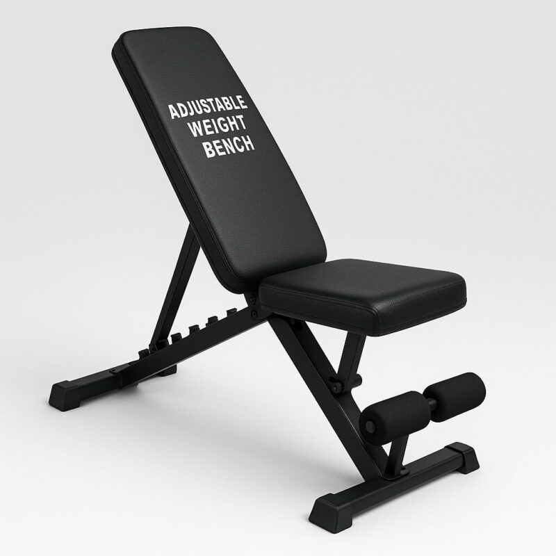 Adjustable weight bench for home workouts, featuring a black padded seat and backrest, steel frame, foam leg rollers, and foldable design.