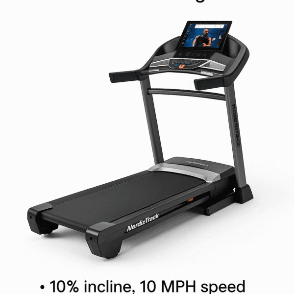 A digital photograph features the NordicTrack T Series 6.5S Treadmill with a foldable frame, digital console, incline feature, and wide running belt, displayed against a clean background
