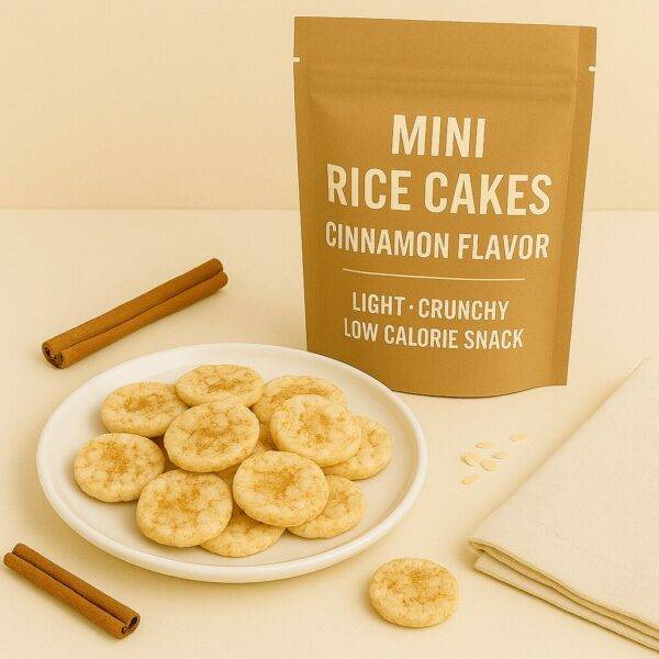 A white plate of mini cinnamon rice cakes sits beside a kraft bag labeled "Mini Rice Cakes – Cinnamon Flavor – Light • Crunchy • Low Calorie Snack," with cinnamon sticks, rice grains, and a folded napkin arranged on a neutral surface.