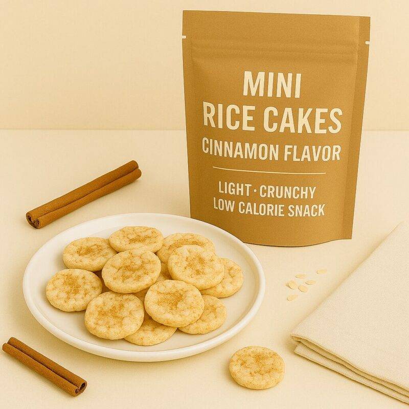 A white plate of mini cinnamon rice cakes sits beside a kraft bag labeled "Mini Rice Cakes – Cinnamon Flavor – Light • Crunchy • Low Calorie Snack," with cinnamon sticks, rice grains, and a folded napkin arranged on a neutral surface.