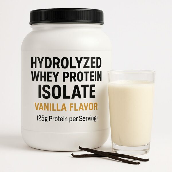 A white container labeled "Hydrolyzed Whey Protein Isolate – Vanilla Flavor (25g Protein per Serving)" next to a glass of vanilla protein shake and two vanilla pods on a clean white surface.