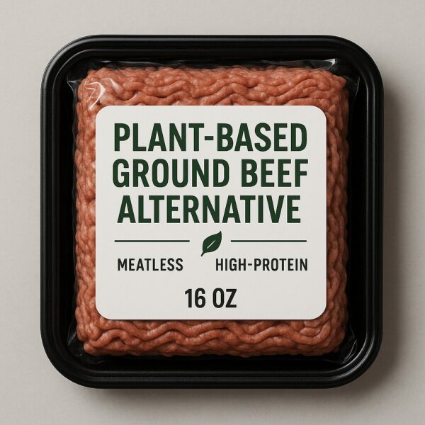 A 16 oz tray of plant-based ground beef alternative labeled “Meatless” and “High-Protein,” displayed in black packaging with clear film and a white label.