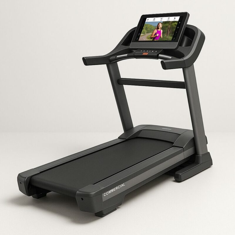 Commercial treadmill with a black base, large touchscreen console, adjustable incline and decline features, and cushioned running deck for a comfortable workout experience.