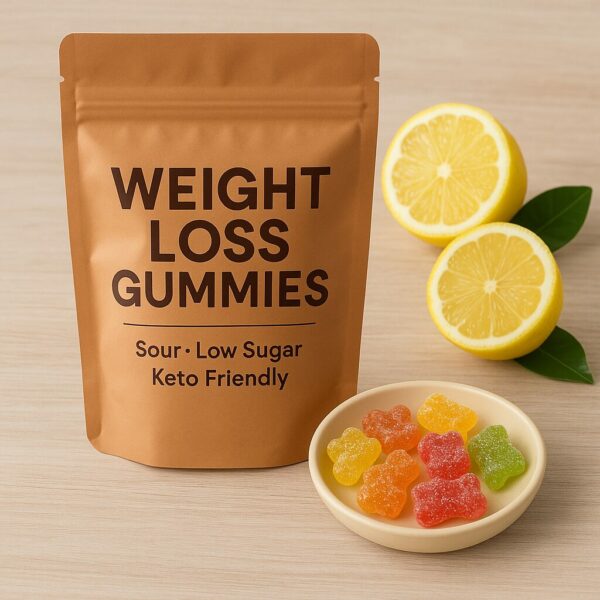 A resealable brown pouch labeled 'Weight Loss Gummies – Sour • Low Sugar • Keto Friendly' beside a small plate of colorful gummy bears and sliced lemons on a light wooden surface.