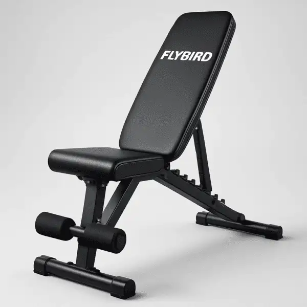 A digital photograph features a FLYBIRD adjustable weight bench with a foldable black steel frame, padded seat and backrest, and white logo, set against a light gray background.