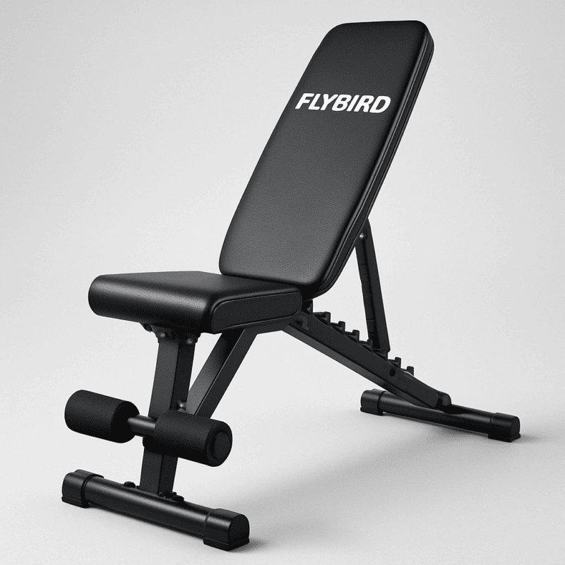 A digital photograph features a FLYBIRD adjustable weight bench with a foldable black steel frame, padded seat and backrest, and white logo, set against a light gray background.