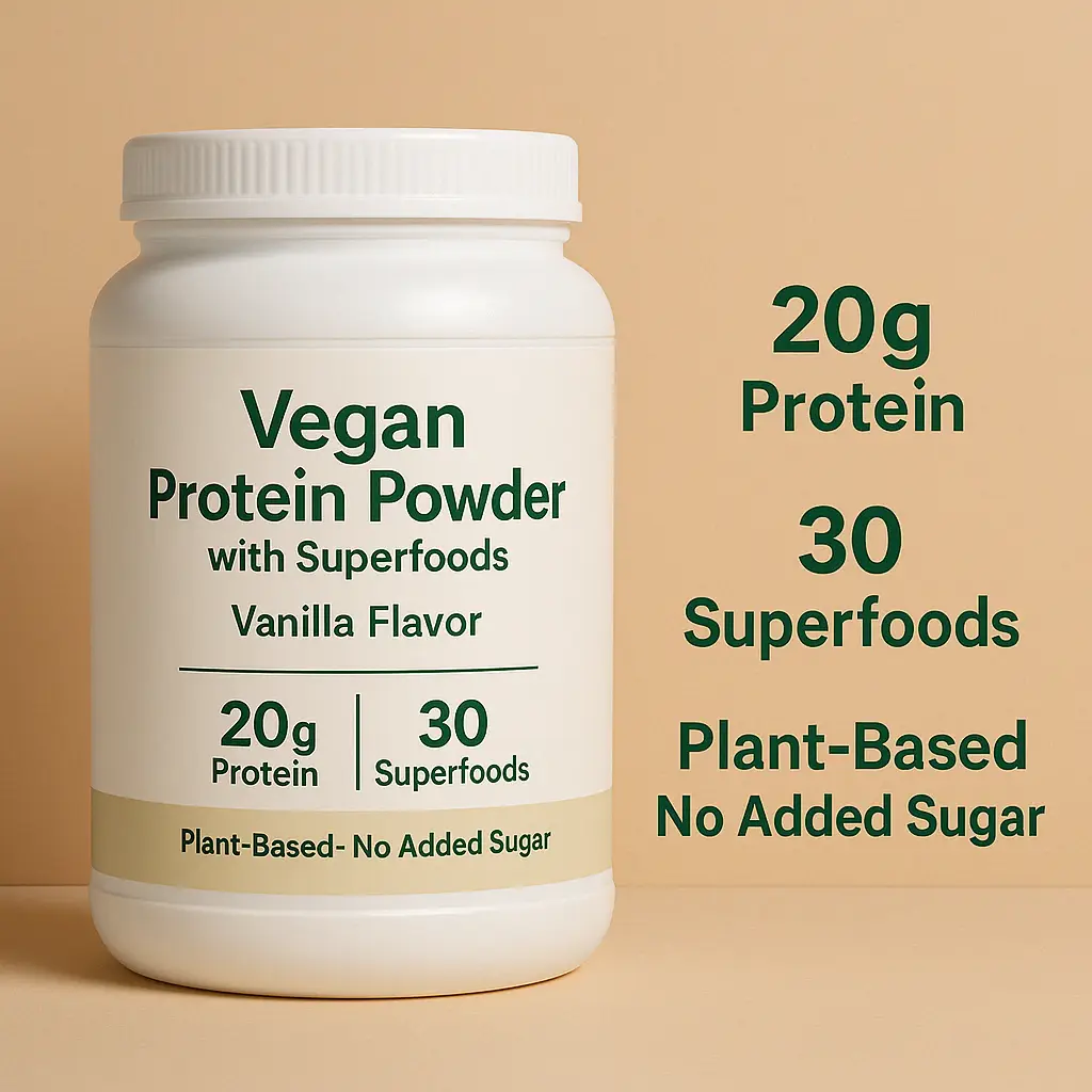 A container of vegan protein powder with superfoods in vanilla flavor, featuring 20g protein and 30 superfoods, labeled as plant-based with no added sugar.