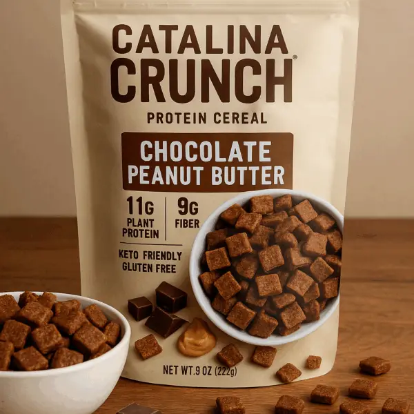 A bag of Catalina Crunch Protein Cereal in Chocolate Peanut Butter flavor on a wooden surface, surrounded by cereal pieces, chocolate chunks, and peanut butter swirls.