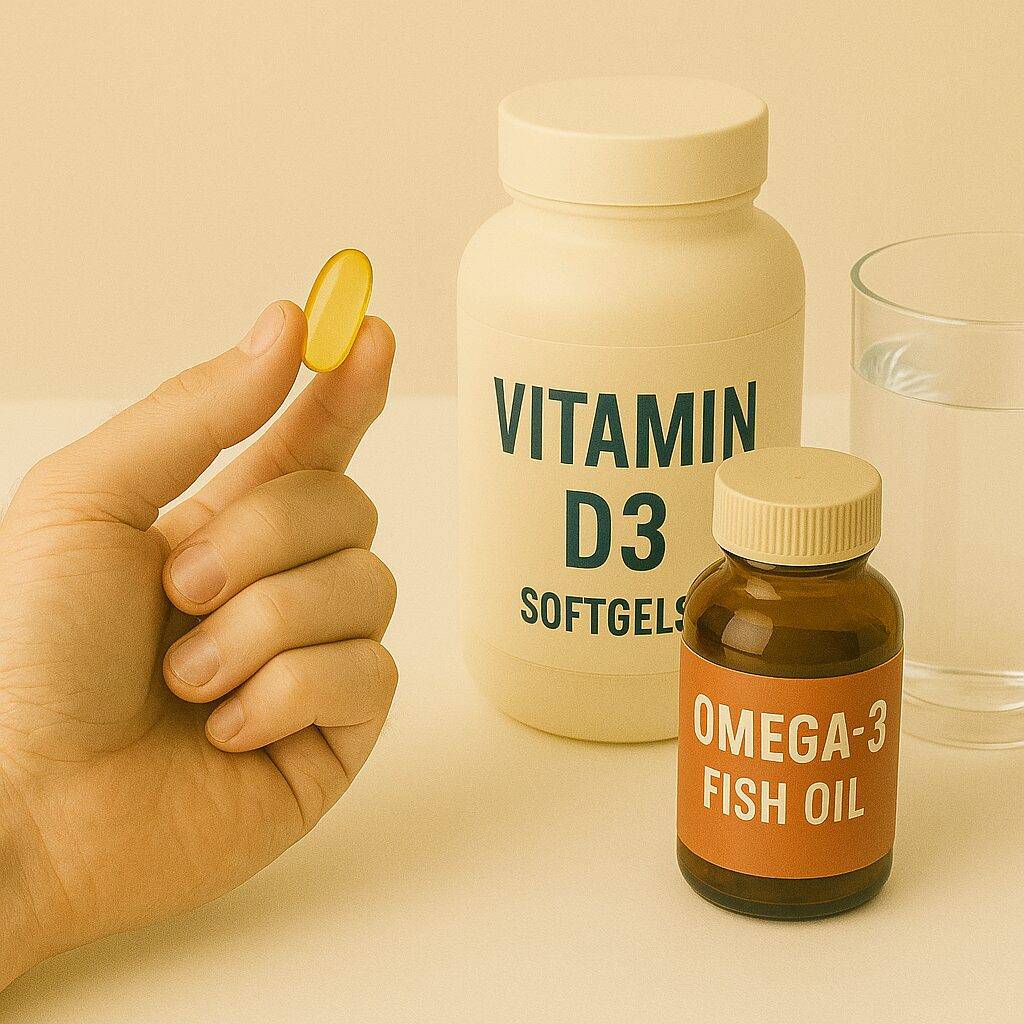 Daily supplement routine – hand holding Vitamin D3 softgel next to omega-3 bottle and water on beige background
