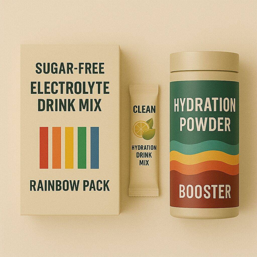 Top hydration boosters 2025 – sugar-free drink mix, clean hydration packet, and powder booster on beige backdrop