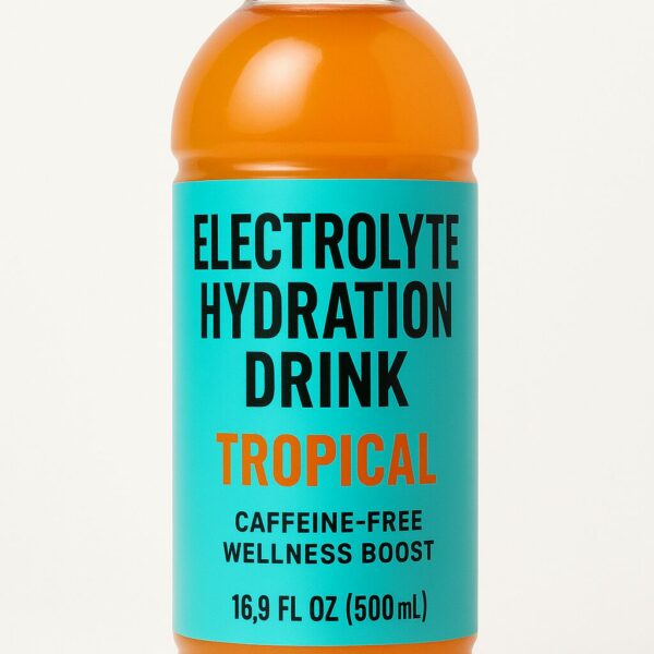 Tropical-flavored electrolyte hydration drink in a clear orange bottle with a turquoise label, highlighting its caffeine-free wellness benefits.