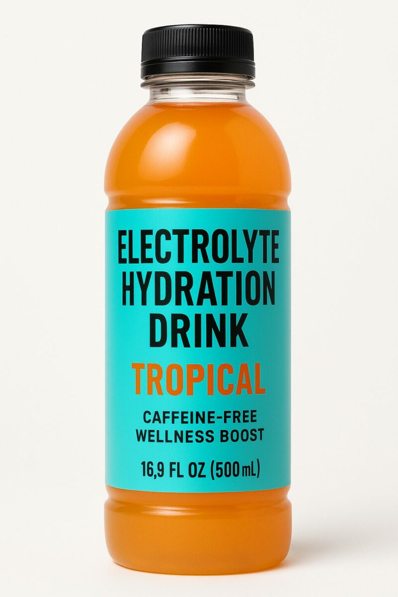 Tropical-flavored electrolyte hydration drink in a clear orange bottle with a turquoise label, highlighting its caffeine-free wellness benefits.