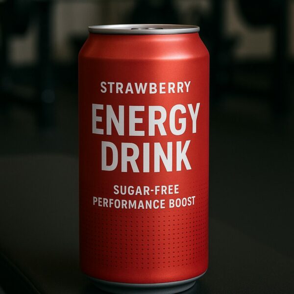Strawberry energy drink can labeled 'Sugar-Free Performance Boost' placed on a black gym bench with blurred fitness equipment in the background