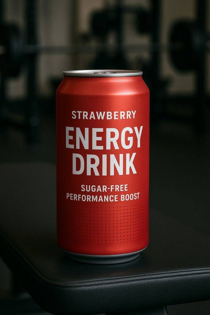 Strawberry energy drink can labeled 'Sugar-Free Performance Boost' placed on a black gym bench with blurred fitness equipment in the background