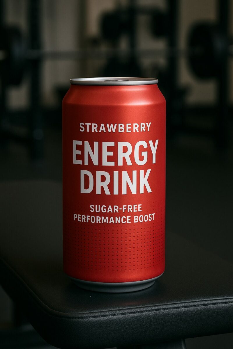 Strawberry energy drink can labeled 'Sugar-Free Performance Boost' placed on a black gym bench with blurred fitness equipment in the background