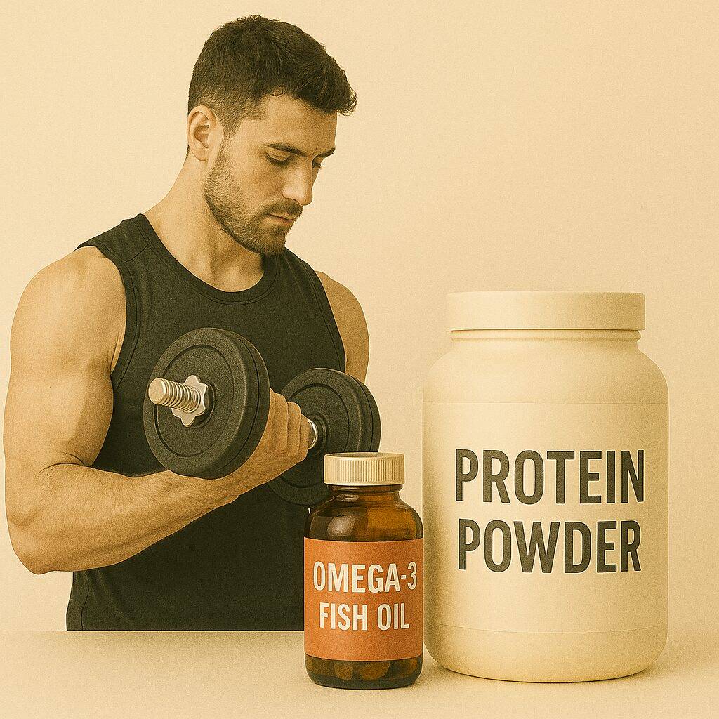 Man lifting dumbbell next to protein powder and omega-3 supplement – fitness and muscle gain concept on neutral backdrop