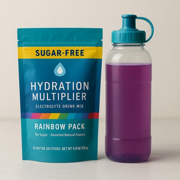 Sugar-free hydration multiplier package labeled Rainbow Pack with a teal water bottle filled with purple electrolyte drink.