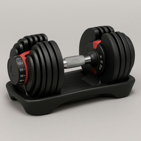 Adjustable dumbbell set with a sleek black base, featuring a dial system for weight adjustments from 5 to 52.5 pounds, and a textured silver handle for a secure grip.