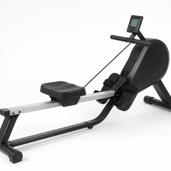 Rowing machine with adjustable resistance, sleek design, and ergonomic handles, featuring a large digital display for tracking time, distance, and calories burned.