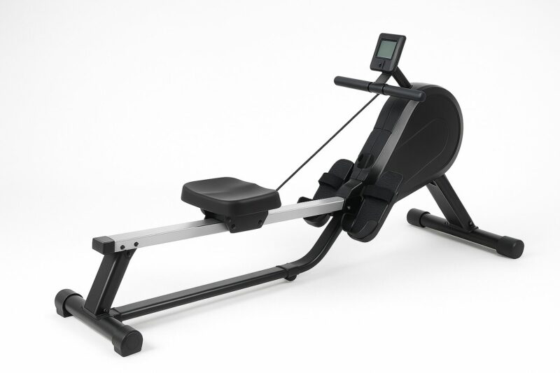 Rowing machine with adjustable resistance, sleek design, and ergonomic handles, featuring a large digital display for tracking time, distance, and calories burned.