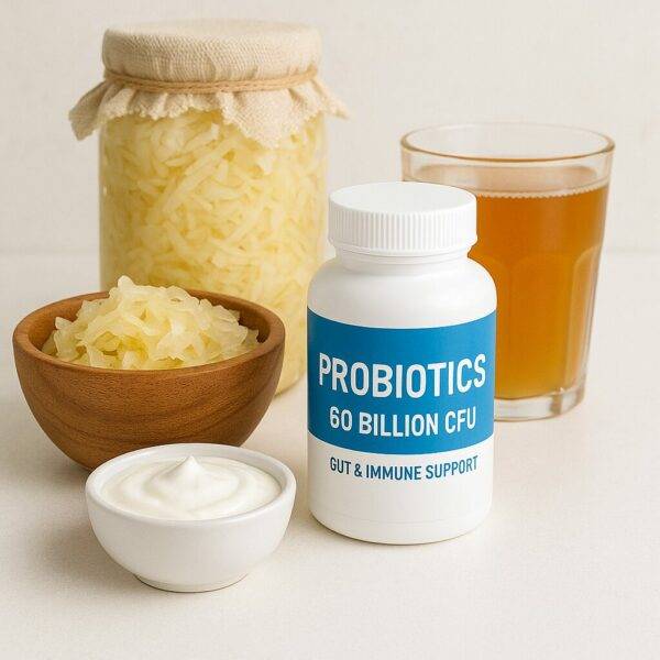 A white bottle labeled "Probiotics 60 Billion CFU – Gut & Immune Support" stands beside a wooden bowl of sauerkraut, a glass of kombucha, a jar of fermented cabbage, and a dish of creamy yogurt on a soft white background.