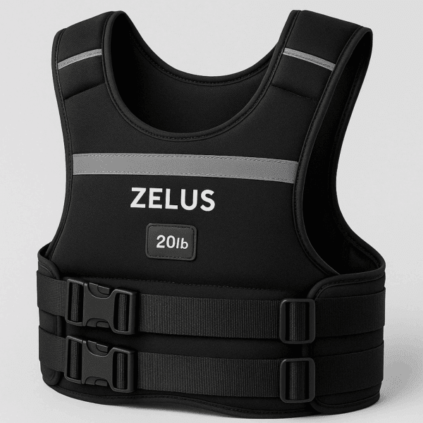 A digital photograph features a black ZELUS weighted vest with 20lb label, adjustable straps, and reflective bands across the chest and shoulders, designed for fitness training.