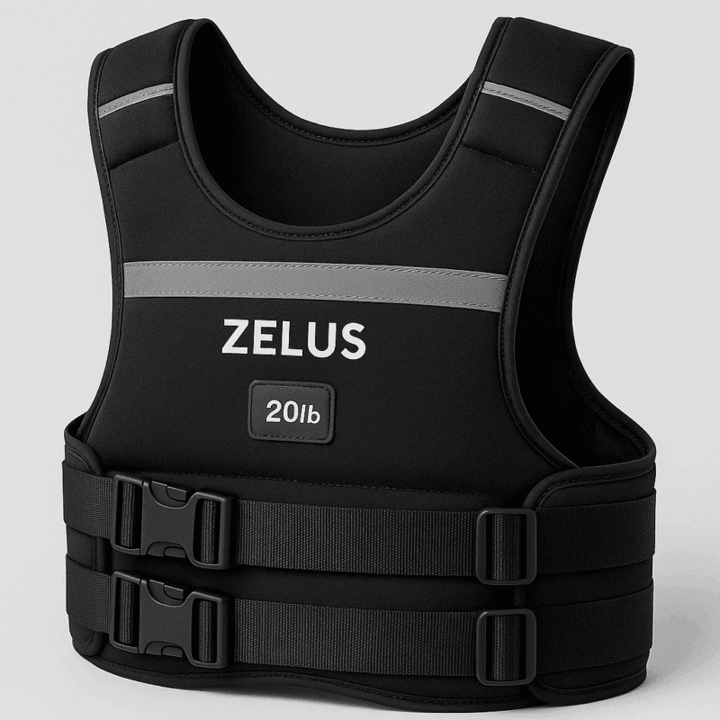 A digital photograph features a black ZELUS weighted vest with 20lb label, adjustable straps, and reflective bands across the chest and shoulders, designed for fitness training.