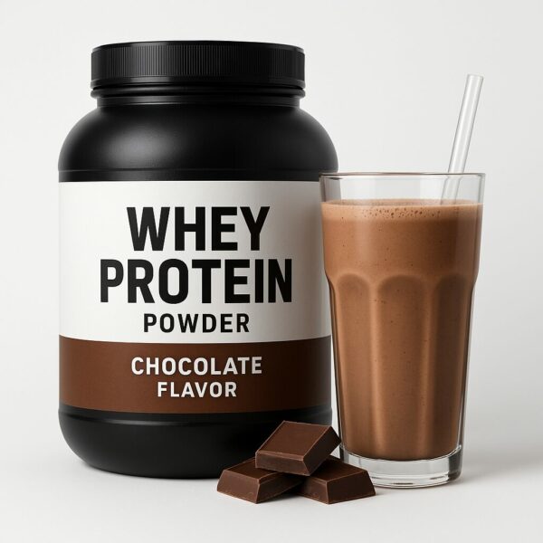 A 2lb black container of chocolate whey protein powder next to a glass of chocolate shake and several dark chocolate pieces on a white background.