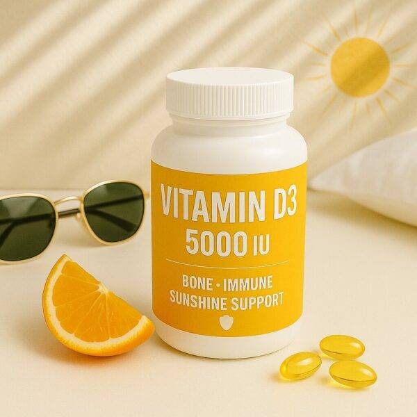 A bottle labeled "Vitamin D3 5000 IU – Bone • Immune • Sunshine Support" sits on a sunny surface next to orange slices, softgel capsules, and sunglasses, with sunlight casting soft rays across the background.