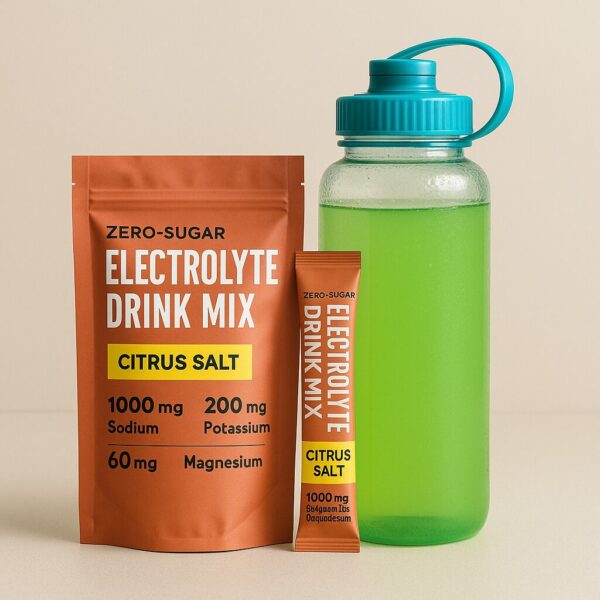 Sugar-free electrolyte mix in citrus salt flavor, shown with a terracotta pouch, stick packet, and green drink in a turquoise bottle.