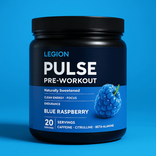 A black container of Legion Pulse Pre-Workout in Blue Raspberry flavor, set against a vibrant blue background, with a blue raspberry illustration and product benefits highlighted on the label.
