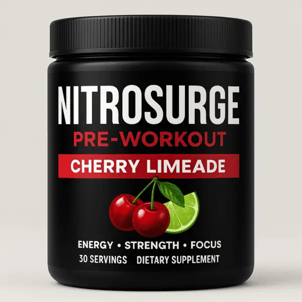 A black cylindrical container of NITROSURGE Pre-Workout in Cherry Limeade flavor, featuring bold white and red labeling, with cherry and lime graphics at the bottom.