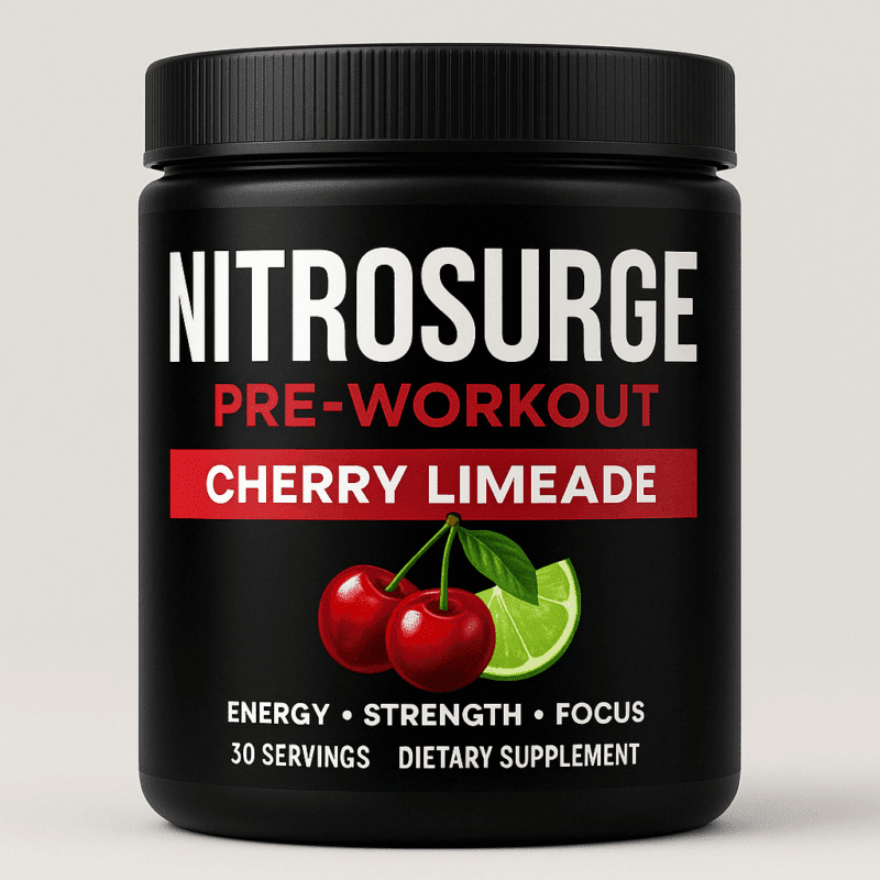 A black cylindrical container of NITROSURGE Pre-Workout in Cherry Limeade flavor, featuring bold white and red labeling, with cherry and lime graphics at the bottom.
