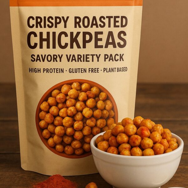 A labeled pouch of crispy roasted chickpeas beside a white bowl filled with seasoned chickpeas, with red and green spice powders on a wooden table