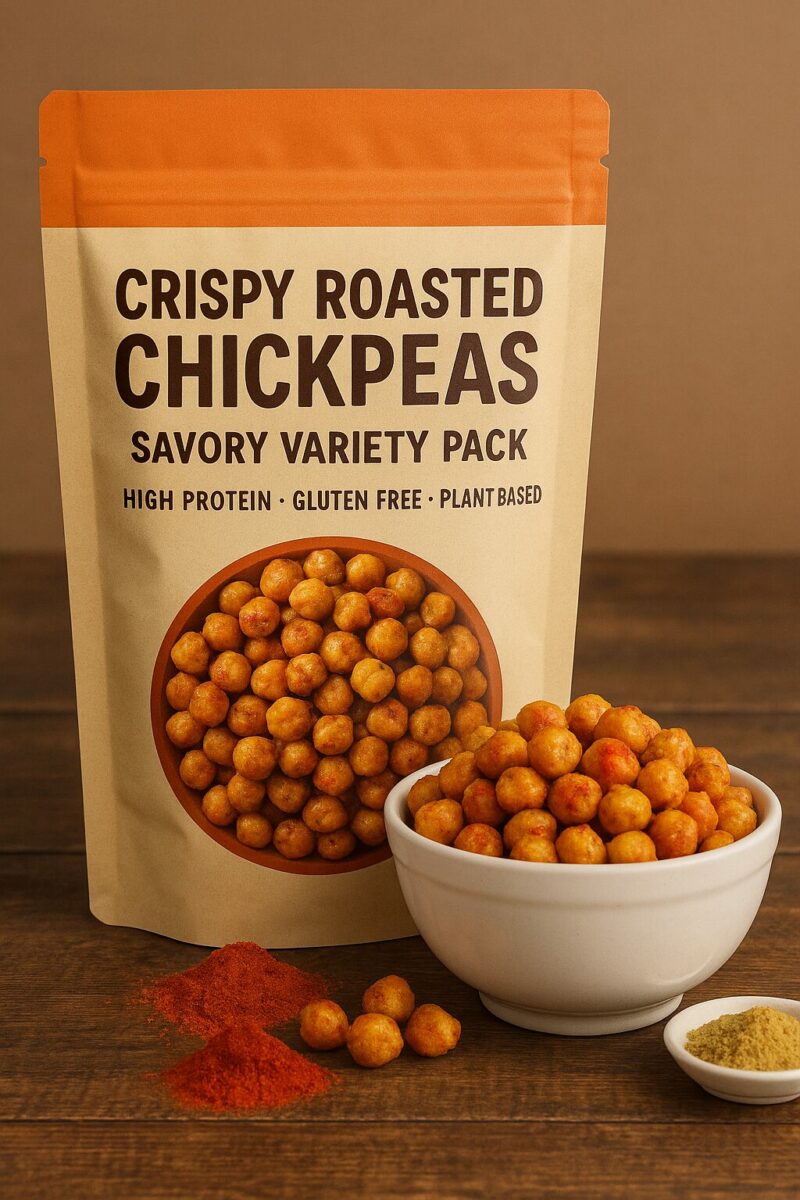 A labeled pouch of crispy roasted chickpeas beside a white bowl filled with seasoned chickpeas, with red and green spice powders on a wooden table