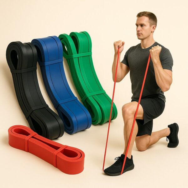 A man using a red resistance band during a lunge exercise, next to a full set of five heavy-duty resistance bands in red, green, blue, purple, and black, arranged by thickness on a neutral background.