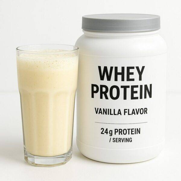 A tall glass of creamy vanilla protein shake sits next to a white container labeled "Whey Protein - Vanilla Flavor, 24g Protein per Serving" on a clean white background.