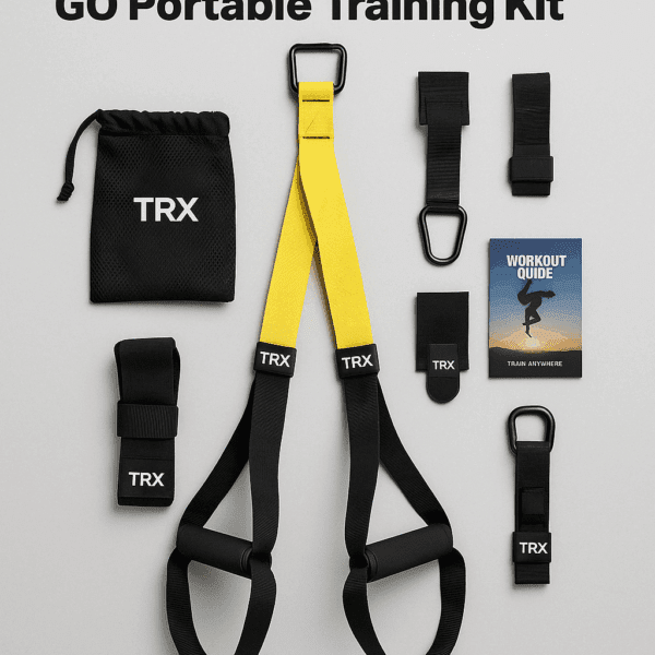 A high-resolution digital photograph showcases the TRX Suspension Trainer GO Portable Training Kit, including yellow and black straps, anchors, mesh bag, and workout guide card, all neatly arranged on a light gray background.