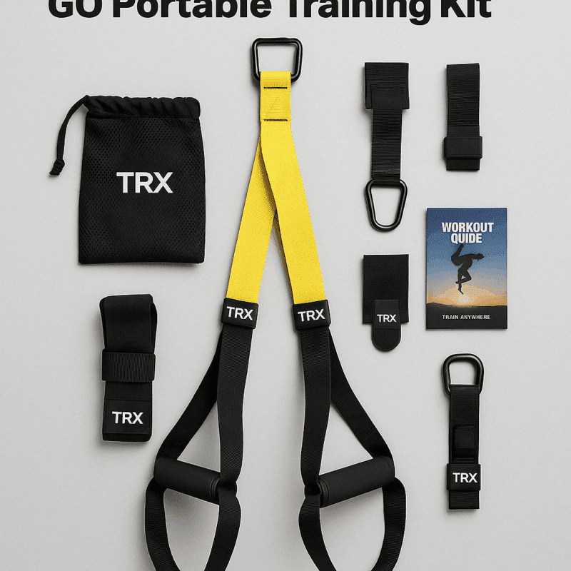 A high-resolution digital photograph showcases the TRX Suspension Trainer GO Portable Training Kit, including yellow and black straps, anchors, mesh bag, and workout guide card, all neatly arranged on a light gray background.