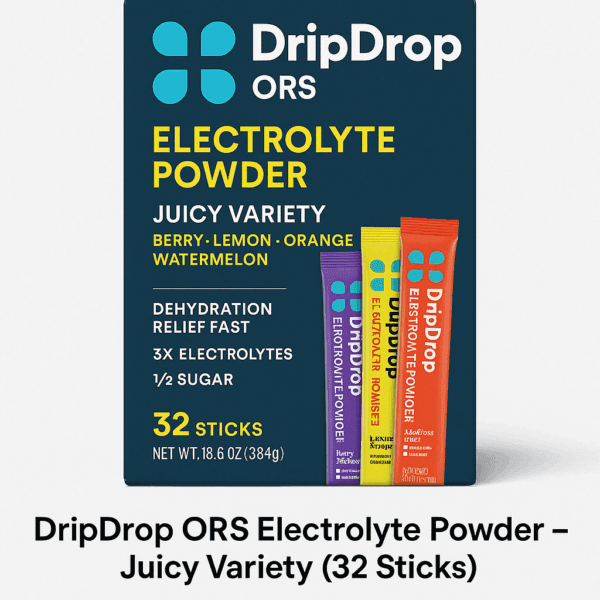 A product image features DripDrop ORS Electrolyte Powder Juicy Variety pack with 32 sticks in flavors like Berry, Lemon, Orange, and Watermelon, displayed against a clean background.