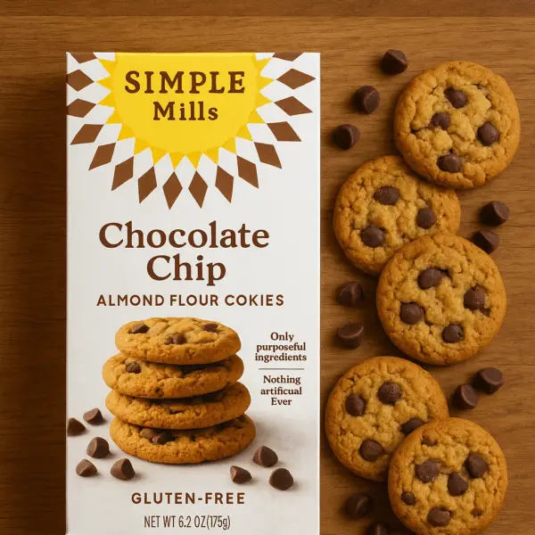 A box of Simple Mills Chocolate Chip Cookies on a wooden surface, surrounded by chocolate chips and freshly baked cookies.