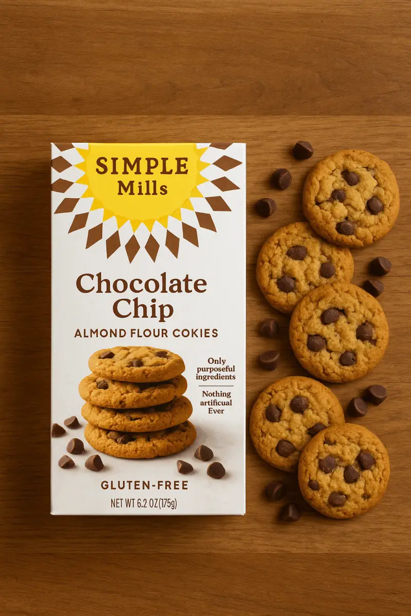 A box of Simple Mills Chocolate Chip Cookies on a wooden surface, surrounded by chocolate chips and freshly baked cookies.
