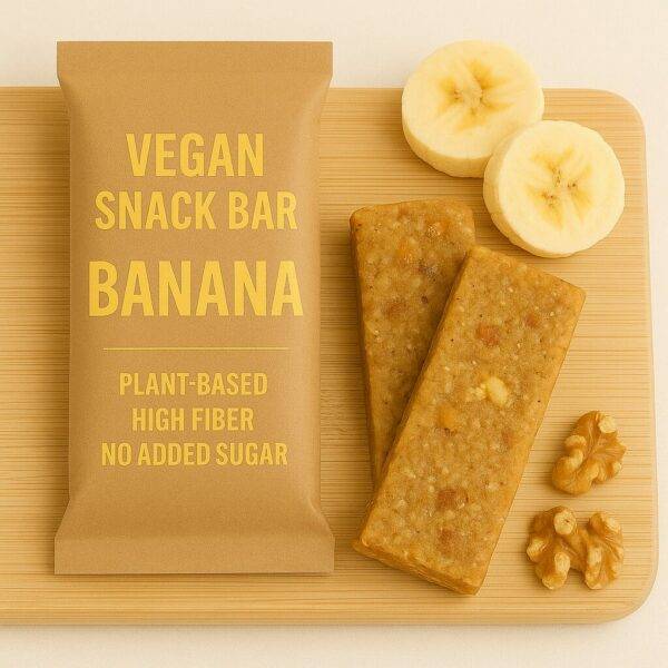 A vegan banana snack bar is shown next to its kraft paper packaging labeled "Vegan Snack Bar – Banana – Plant-Based – High Fiber – No Added Sugar," with banana slices and walnut pieces arranged on a wooden board.
