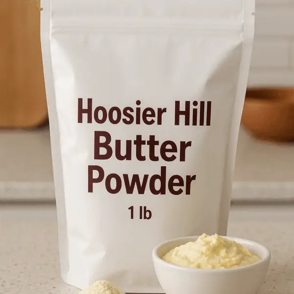 A pouch of Hoosier Hill Butter Powder with a small bowl of reconstituted butter and a mound of powder on a kitchen countertop