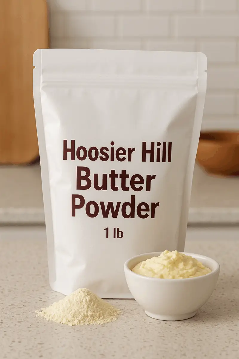 A pouch of Hoosier Hill Butter Powder with a small bowl of reconstituted butter and a mound of powder on a kitchen countertop