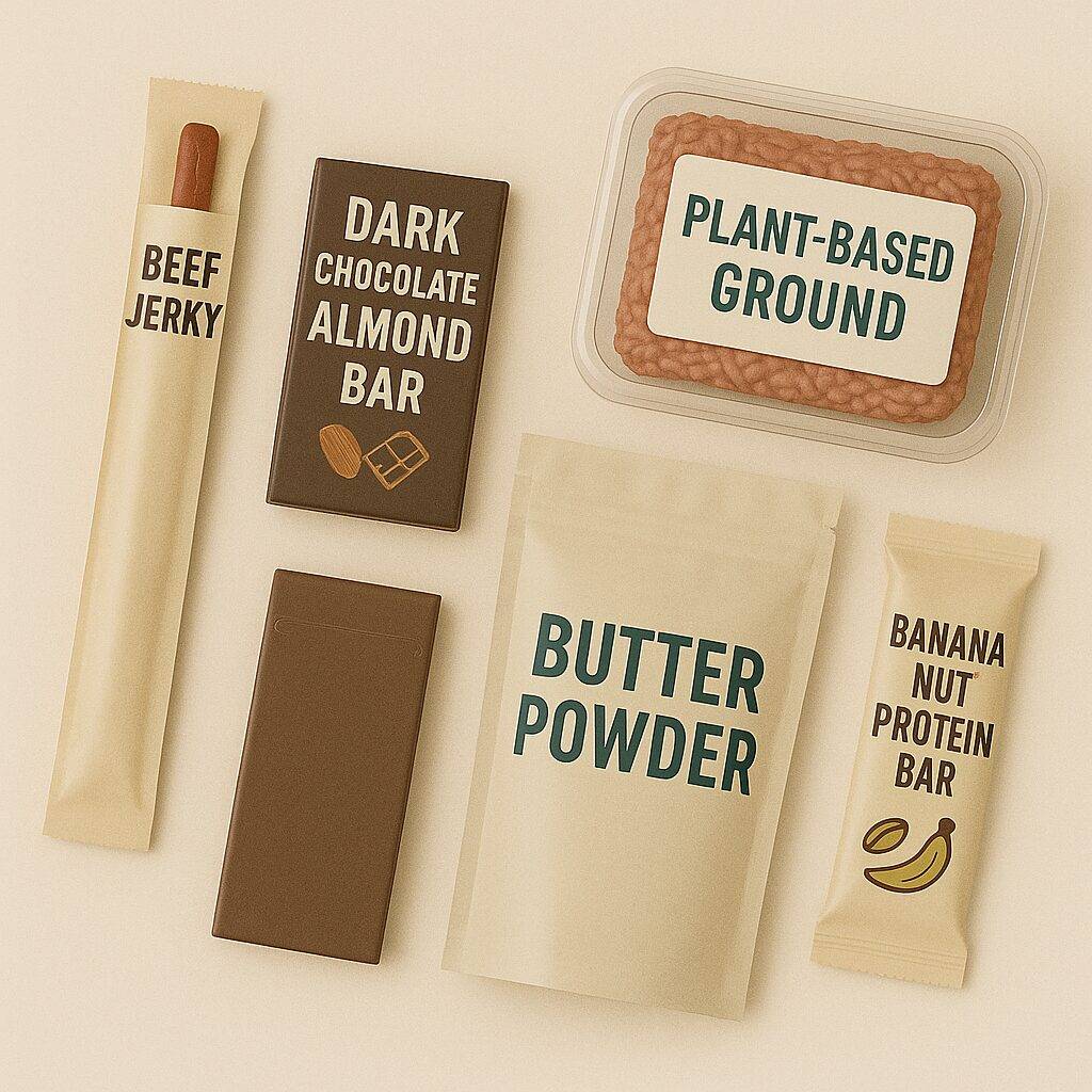 Smart food picks 2025 – beef jerky, dark chocolate bar, butter powder, plant-based ground, and banana protein bar on neutral background