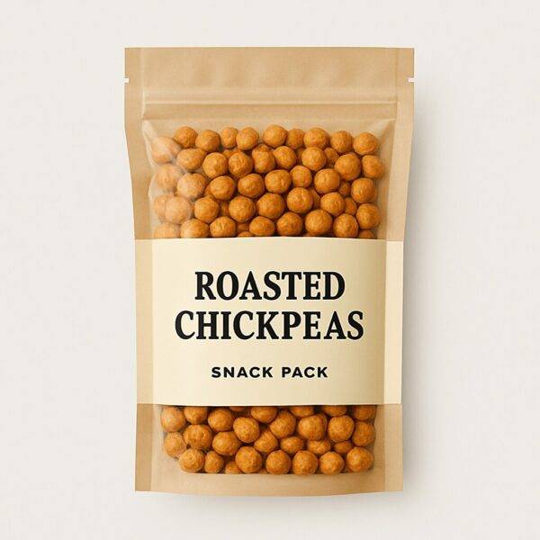 Front view of roasted chickpeas snack pack in a clear resealable pouch on beige background