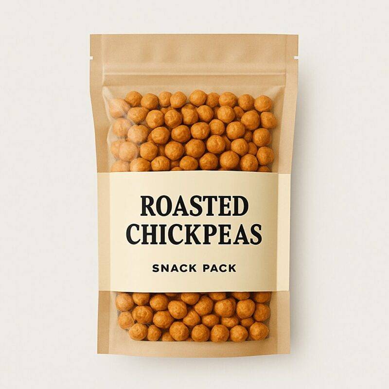 Front view of roasted chickpeas snack pack in a clear resealable pouch on beige background