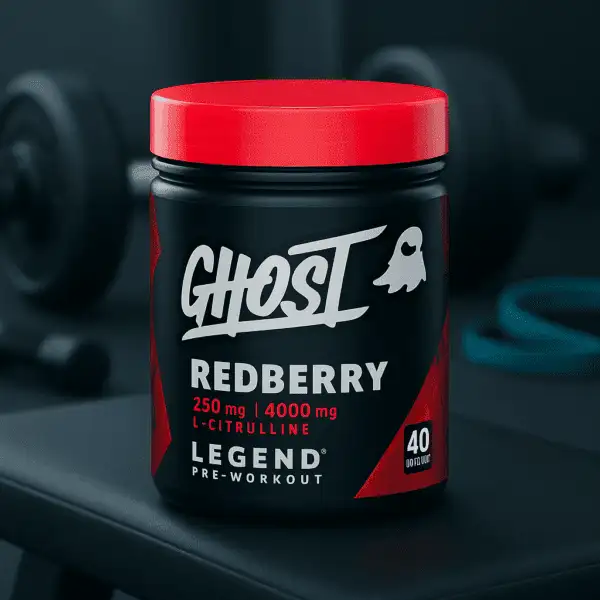 A container of GHOST Legend Pre-Workout in Redberry flavor sitting on a gym bench, with a red lid, bold white logo, and labeled doses of caffeine and L-citrulline, gym equipment blurred in the background.